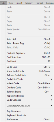 Alternativ på menyn Redigera i Dreamweaver CC