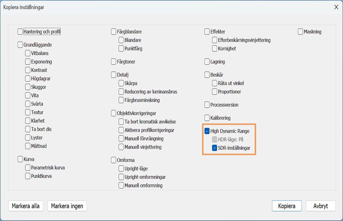 Kopiera och klistra in HDR-inställning