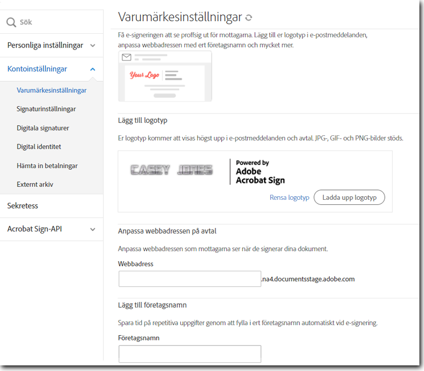 Märk dina e-postmeddelanden med din logotyp och anpassa signerings-URL:en