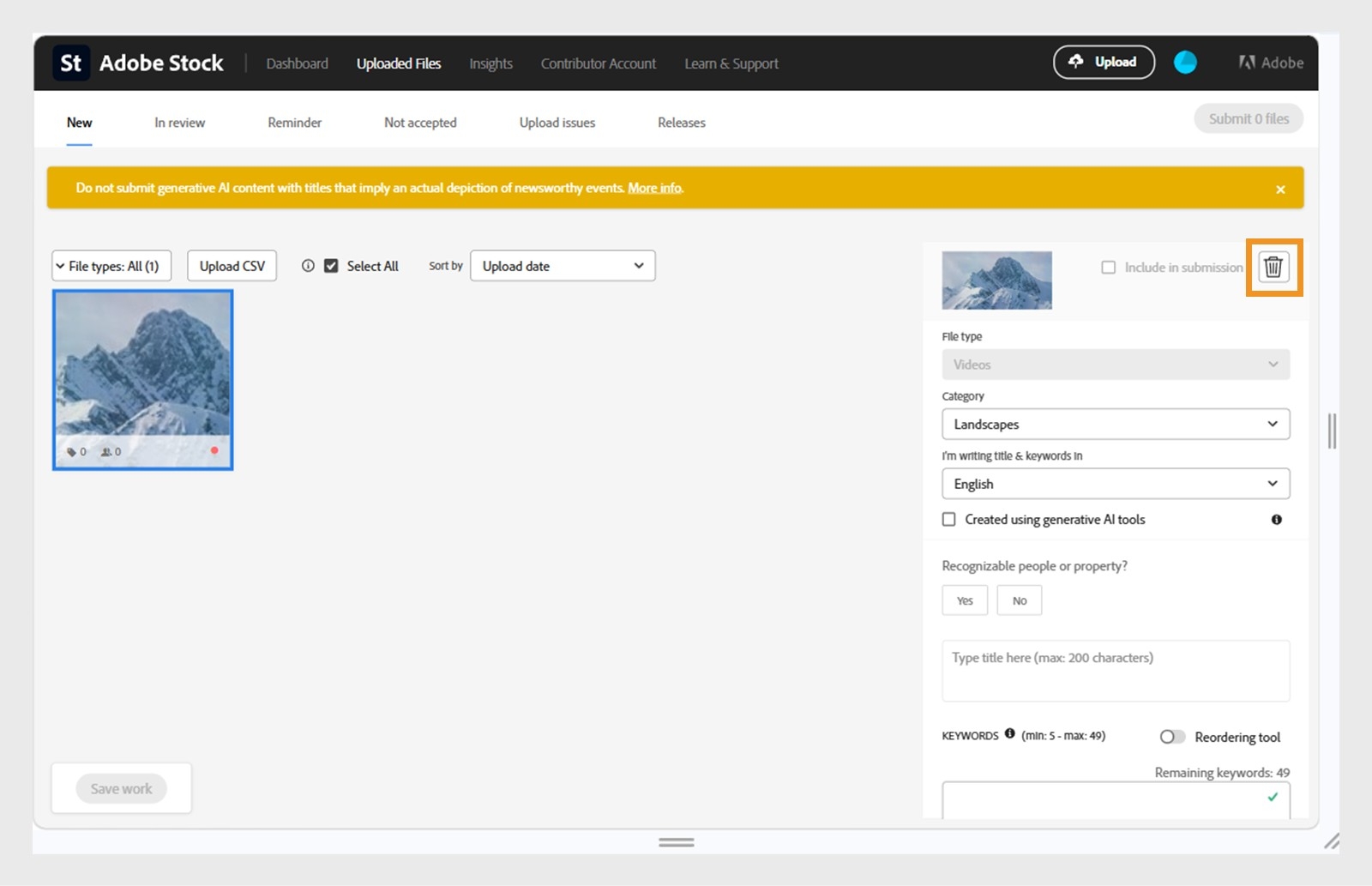 Adobe Stock Contributor Portal visar sidan Uppladdade filer med ikonen Ta bort fil markerad i det övre högra hörnet.