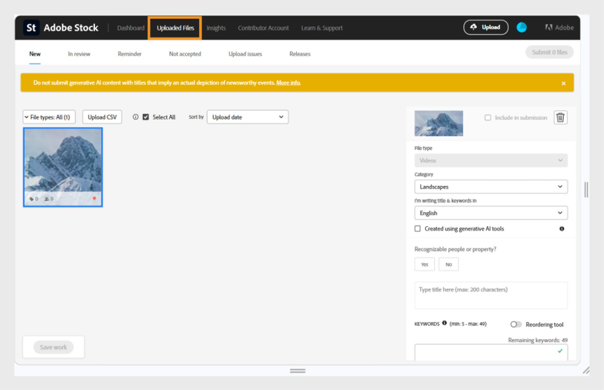Skärmbild av fliken Uppladdade filer i Adobe Stock som visar en vald bild med nyckelordsförslag och metadataalternativ i den högra panelen.