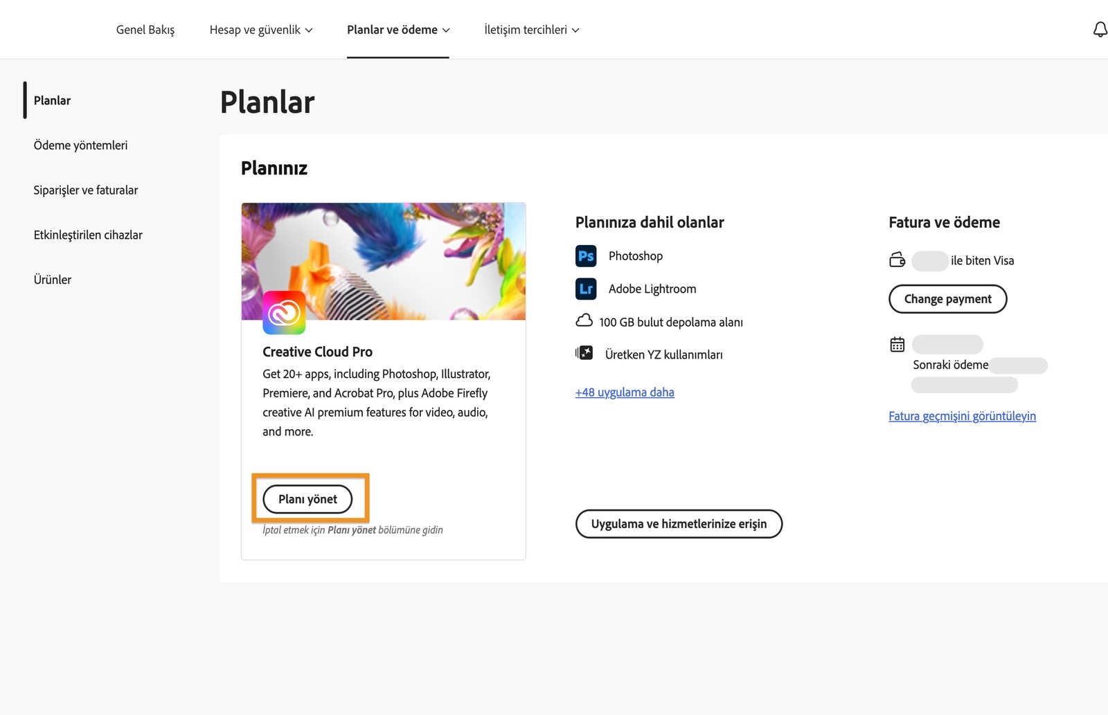 Mevcut etkin plan altında Planı yönet düğmesinin vurgulandığı Planlar penceresi.