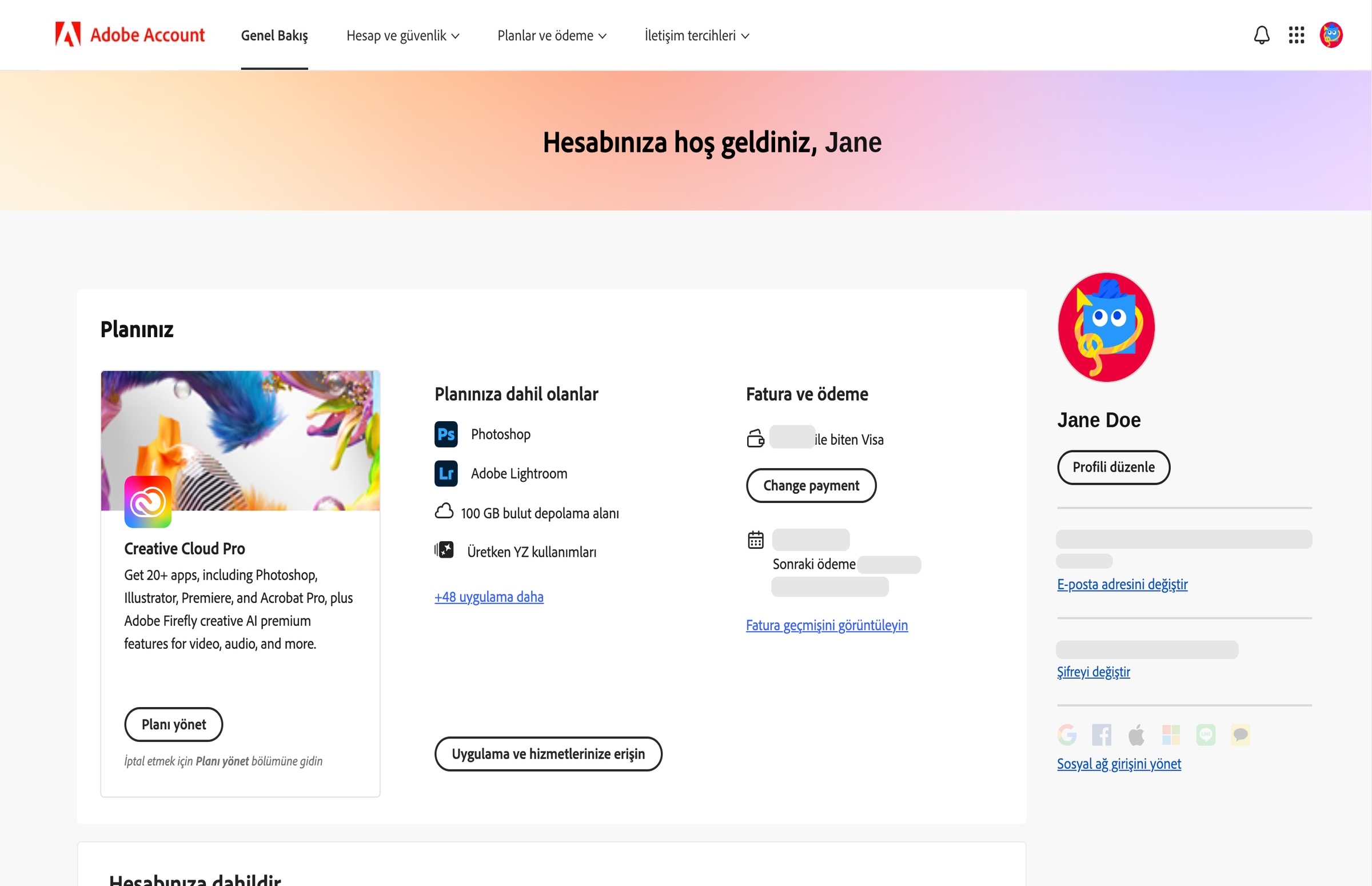 Adobe hesabınızın genel bakış sayfası, planı yönetme, uygulamalara ve hizmetlere erişme, faturalandırma ve ödemeyi düzenleme, faturalandırma geçmişini görüntüleme, profili düzenleme ve daha birçok seçenekle birlikte planınızı gösterir.  