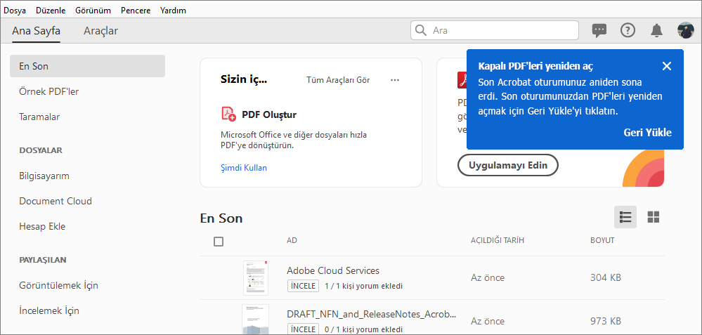 Kapanan PDF'leri yeniden aç