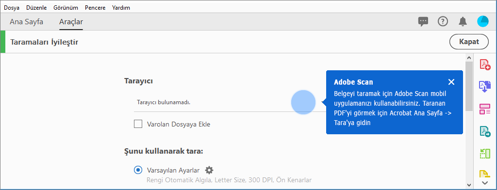 Tarayıcı bulunmadığında Adobe Scan mobil uygulamasını kullanmak için bağlamsal ipucu