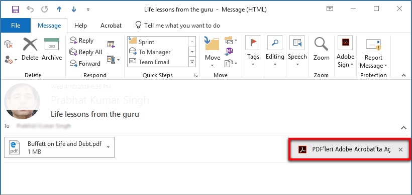 Outlook üzerinden Acrobat'ta PDF açma