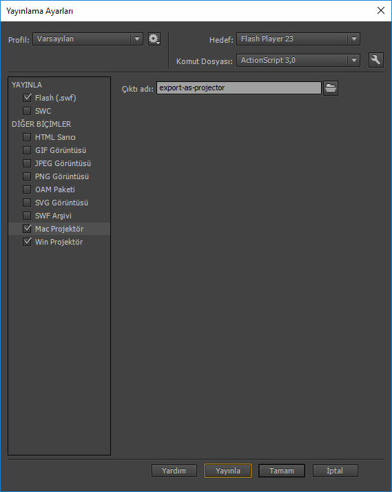 Projektör dosyalarını dışa aktarma