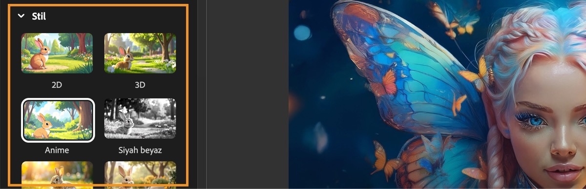 İstem alanında video oluşturma için bir metin açıklaması yer alır. Oluşturma ayarları panelinde, Stil bölümünün altında, kullanılabilir stil hazır ayarları listesinden Anime stili hazır ayarı seçilir.
