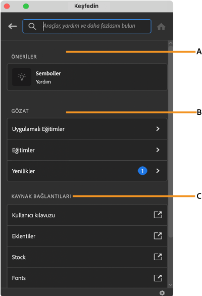 Illustrator çalışma alanındaki Keşfedin paneli arabirimi
