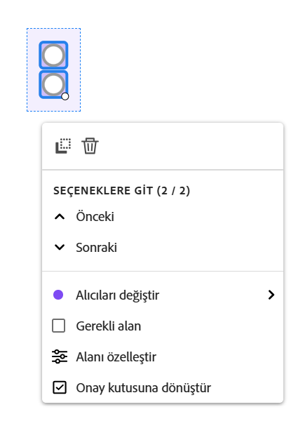 Alan sol tıklatma menüsü açık olarak alanın görünümü.