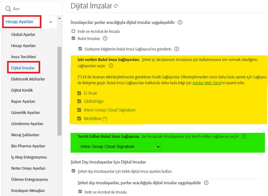 İzin Verilen ve Tercih Edilen imza sağlayıcısı seçeneklerinin vurgulandığı Dijital İmza yapılandırma sayfası.