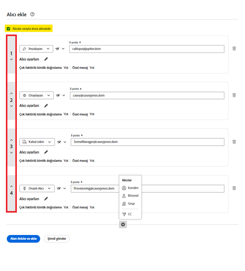 Etkinleştirilmiş &quot;Alıcılar sırayla imza atmalıdır&quot; denetimi vurgulanmış ve alıcı indeks numaraları tanımlanmış olarak Gönder sayfasındaki paralel imza yapılandırması.