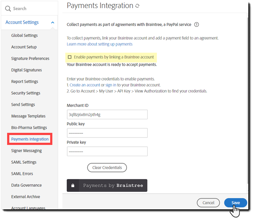 Ödemeleri devre dışı bırakın    - kimlik bilgilerini kaydedin