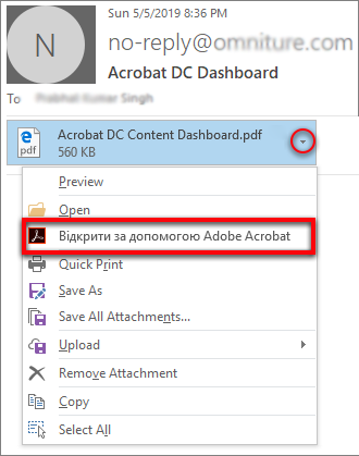 Відкриття файлу в Acrobat за допомогою розкривного списку вкладень