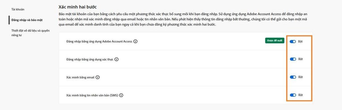 Các nút chuyển đổi nằm ở phía bên phải màn hình dưới Xác minh hai bước sẽ kích hoạt phương thức xác minh ưa thích của bạn. 