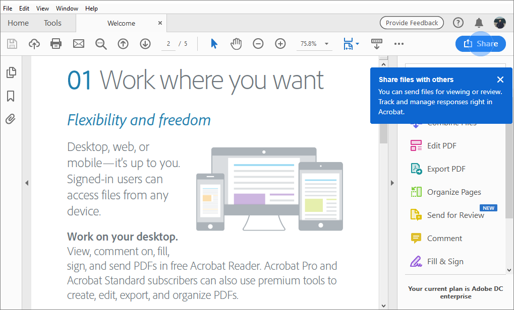 共享 PDF 的 Acrobat 提示
