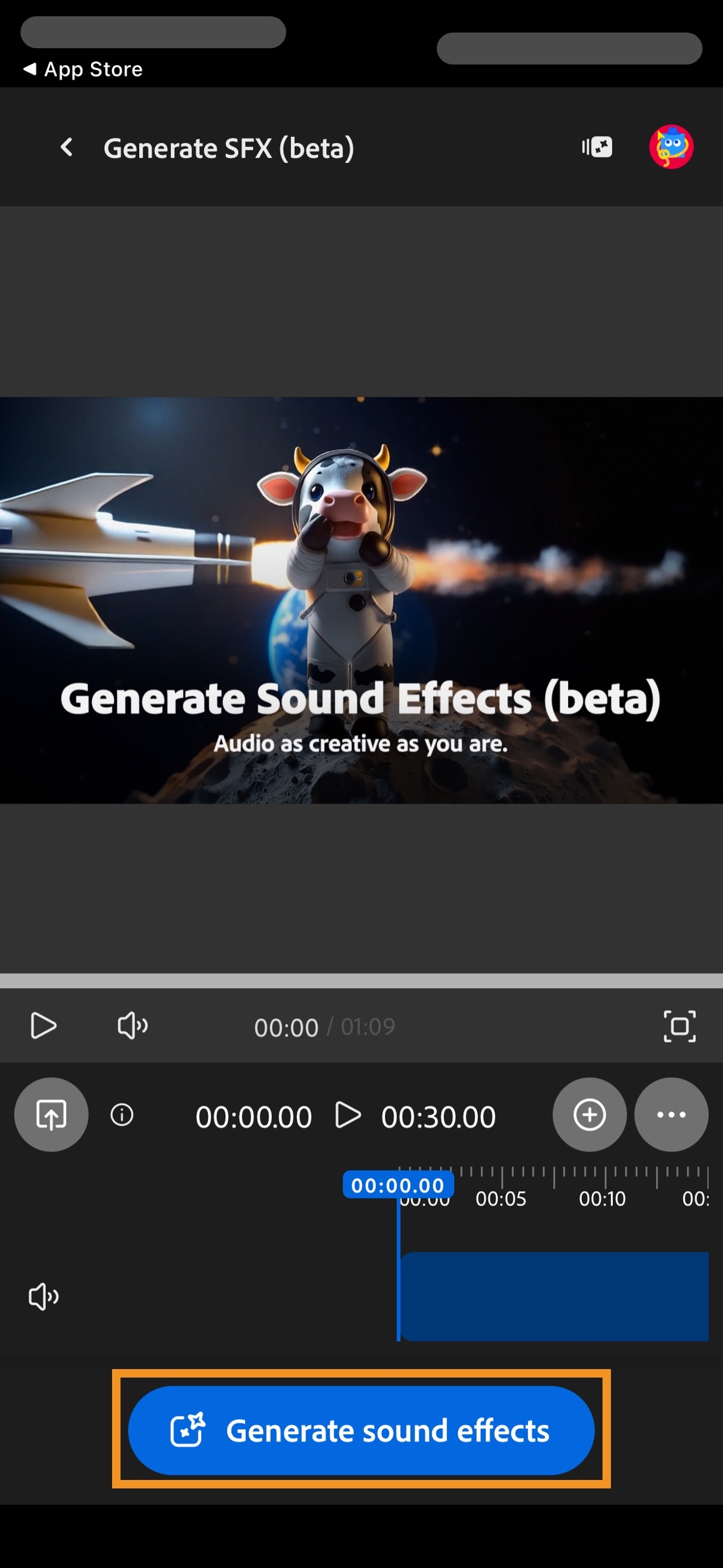 “生成 SFX (beta)”页面已打开，且“生成音效”按钮处于高亮状态。