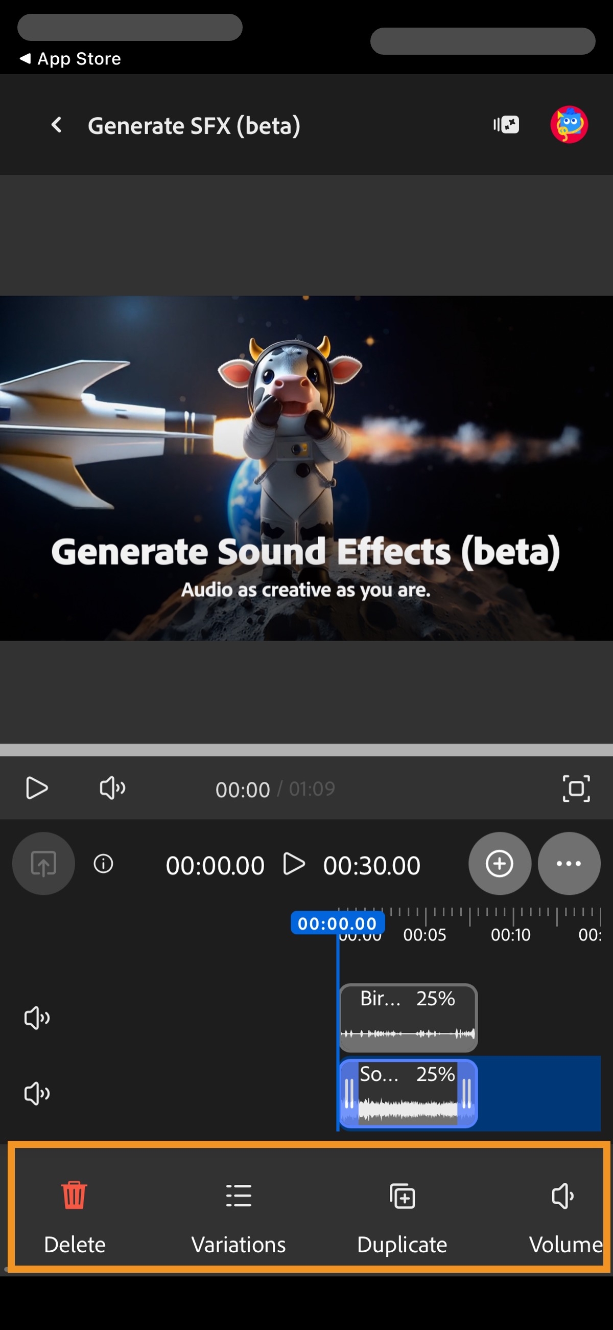 生成的音效已选中，其编辑选项可供使用。