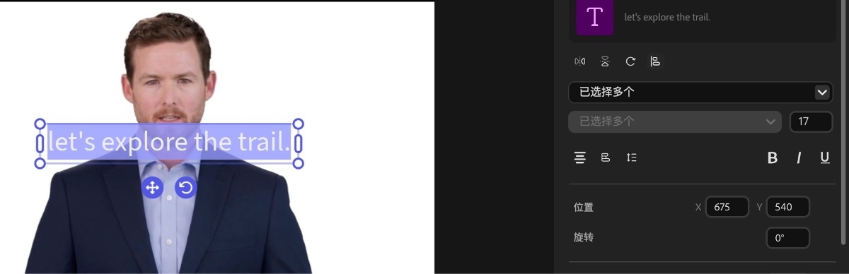 文本“独特而新奇的体验”已添加到时间线中,且已启用其“属性”面板。