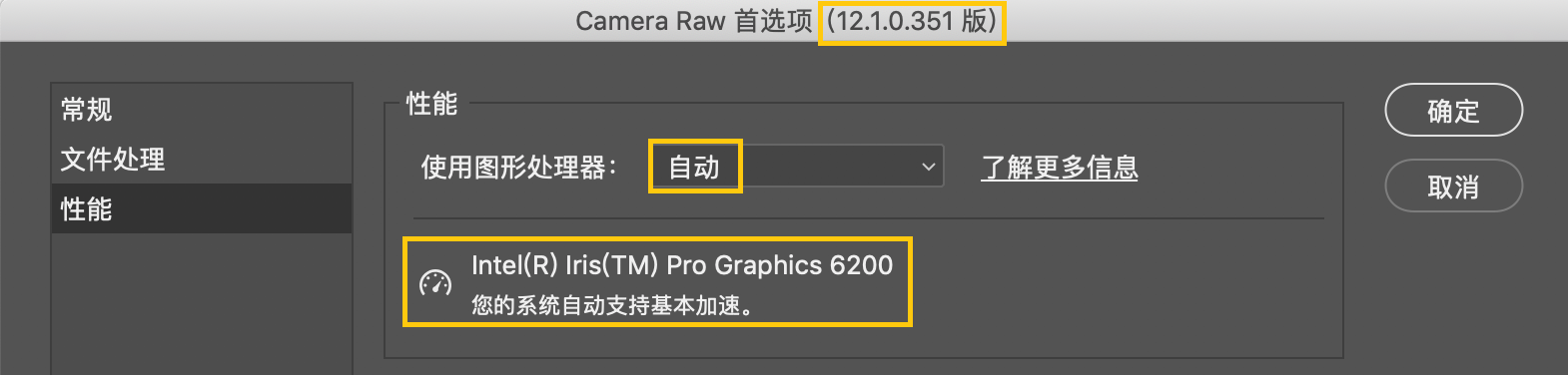 Camera Raw“首選項(xiàng)”對話框中的重要信息,。Lightroom 中“性能”首選項(xiàng)會(huì)報(bào)告相同的信息。