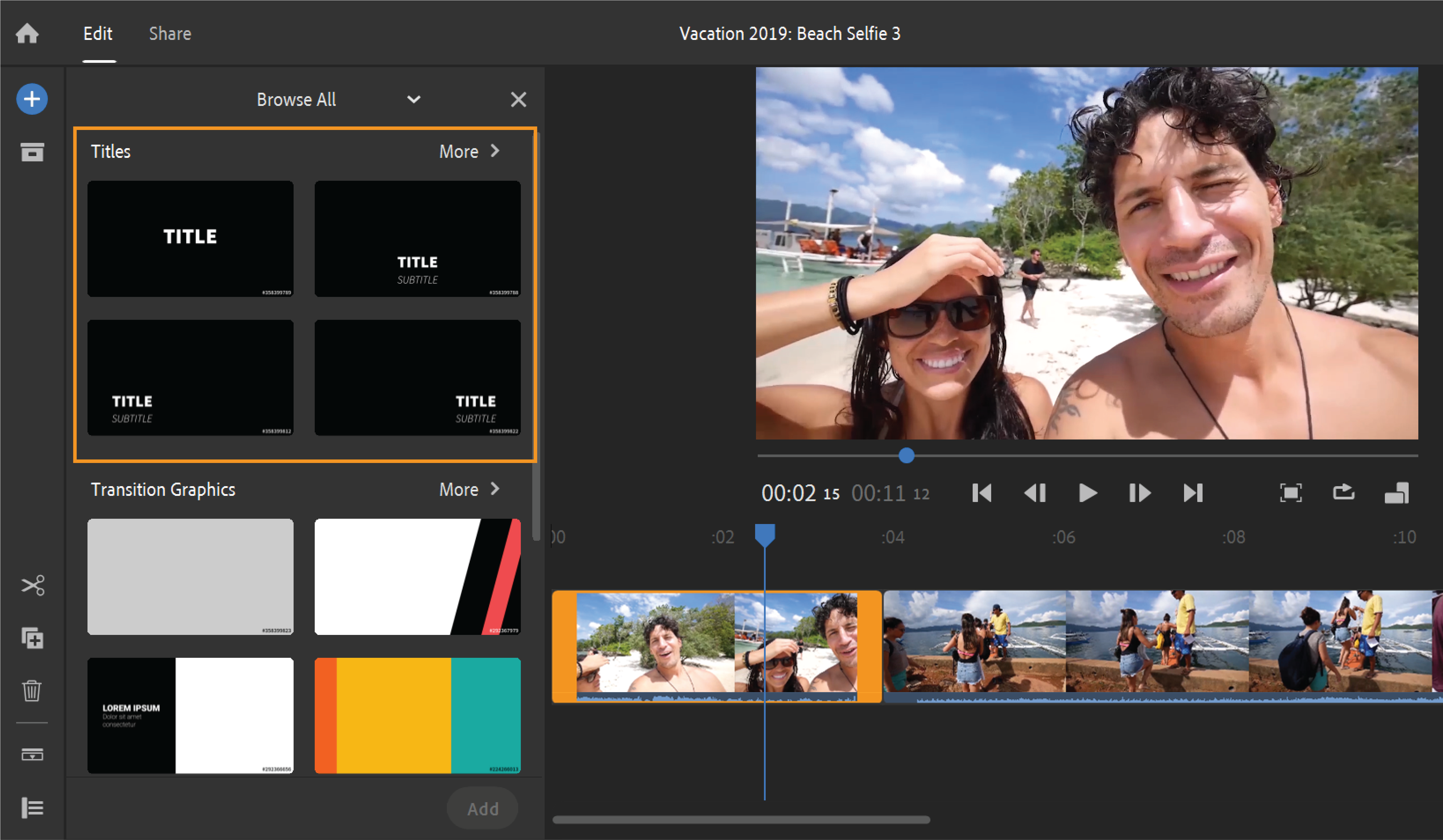 如何在adobe Premiere Rush 视频项目中添加字幕 过渡图形和叠加
