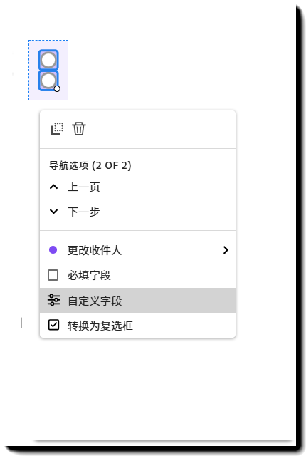 “单选按钮”字段，其中显示了左键单击菜单，并突出显示了自定义字段。