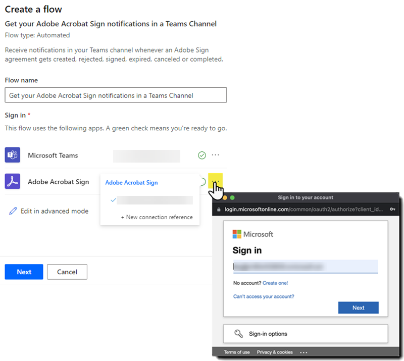 Power Automate 在 Acrobat Sign 和 Teams 之间，并显示身份验证面板