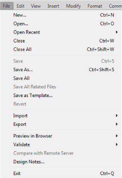 Dreamweaver CC 的「檔案」選單