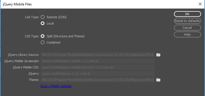 How to use jQuery UI and mobile widgets in Dreamweaver