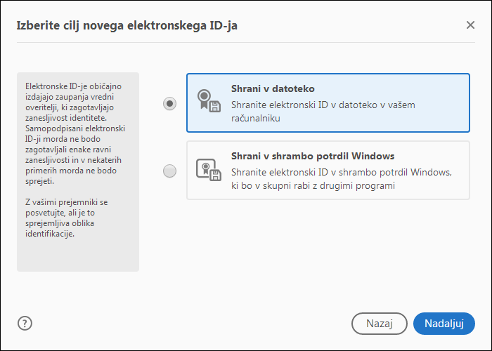 Izberite mesto, kamor želite shraniti elektronski ID