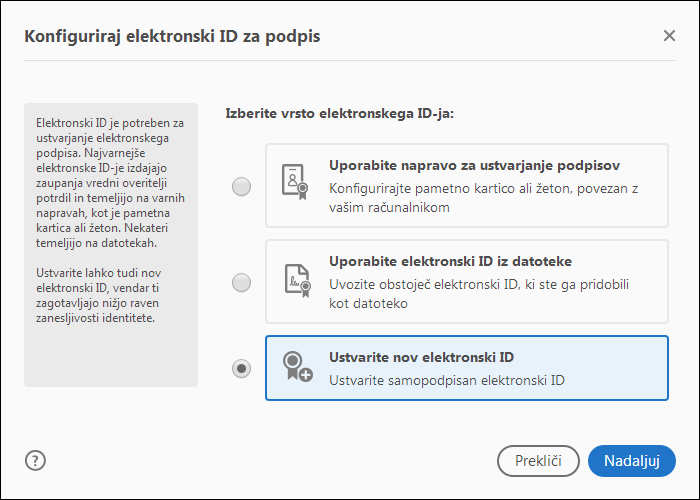 Izberite vrsto elektronskega ID-ja
