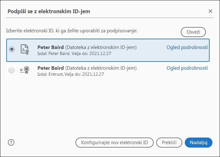 Izberite želeni elektronski ID s seznama